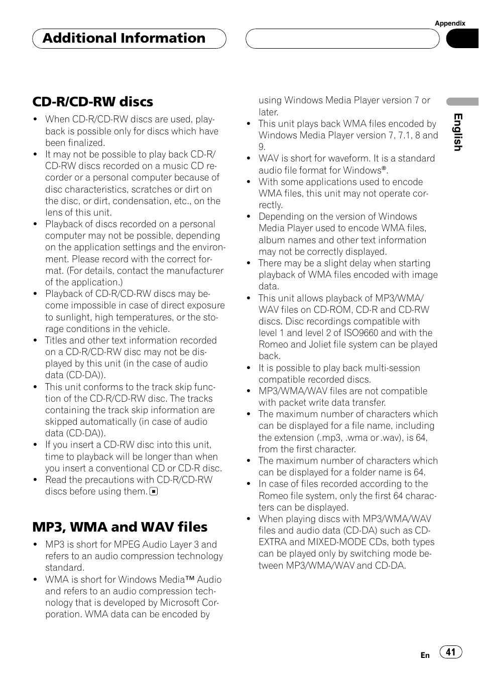 Cd-r/cd-rw discs 41 mp3, wma and wav files 41, Cd-r/cd-rw discs, Mp3, wma and wav files | Additional information | Pioneer DEH-P5700MP User Manual | Page 41 / 94