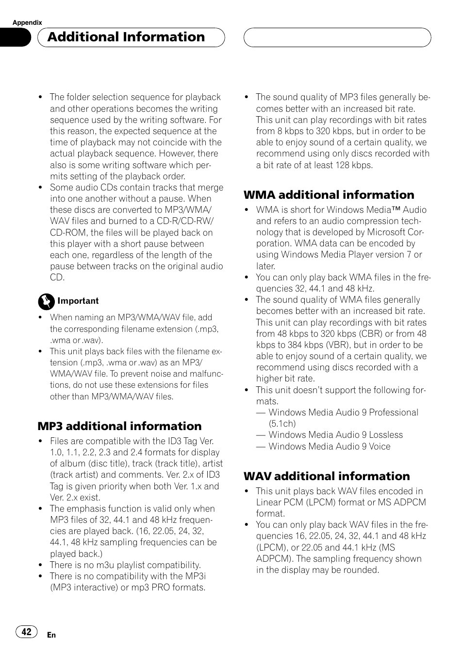 Mp3 additional information 42, Wma additional information 42, Wav additional information 42 | Additional information, Mp3 additional information, Wma additional information, Wav additional information | Pioneer DEH-P5700MP User Manual | Page 42 / 94