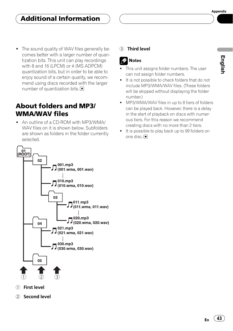 About folders and mp3/wma/wav files 43, About folders and mp3/ wma/wav files, Additional information | Pioneer DEH-P5700MP User Manual | Page 43 / 94