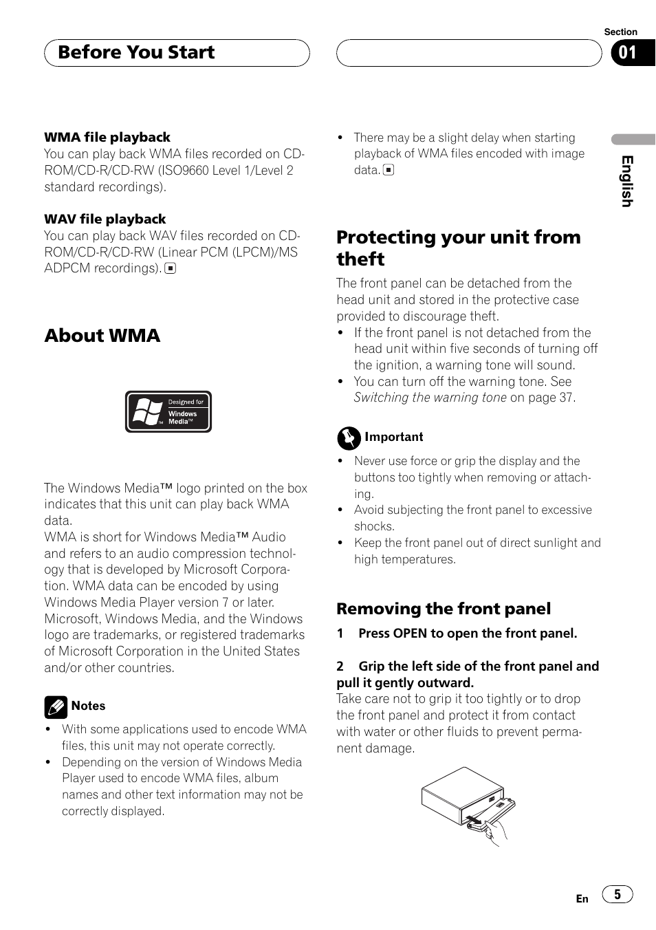 About wma 5 protecting your unit from theft 5, Removing the front panel 5, About wma | Protectingyour unit from theft, Before you start, Removingthe front panel | Pioneer DEH-P5700MP User Manual | Page 5 / 94