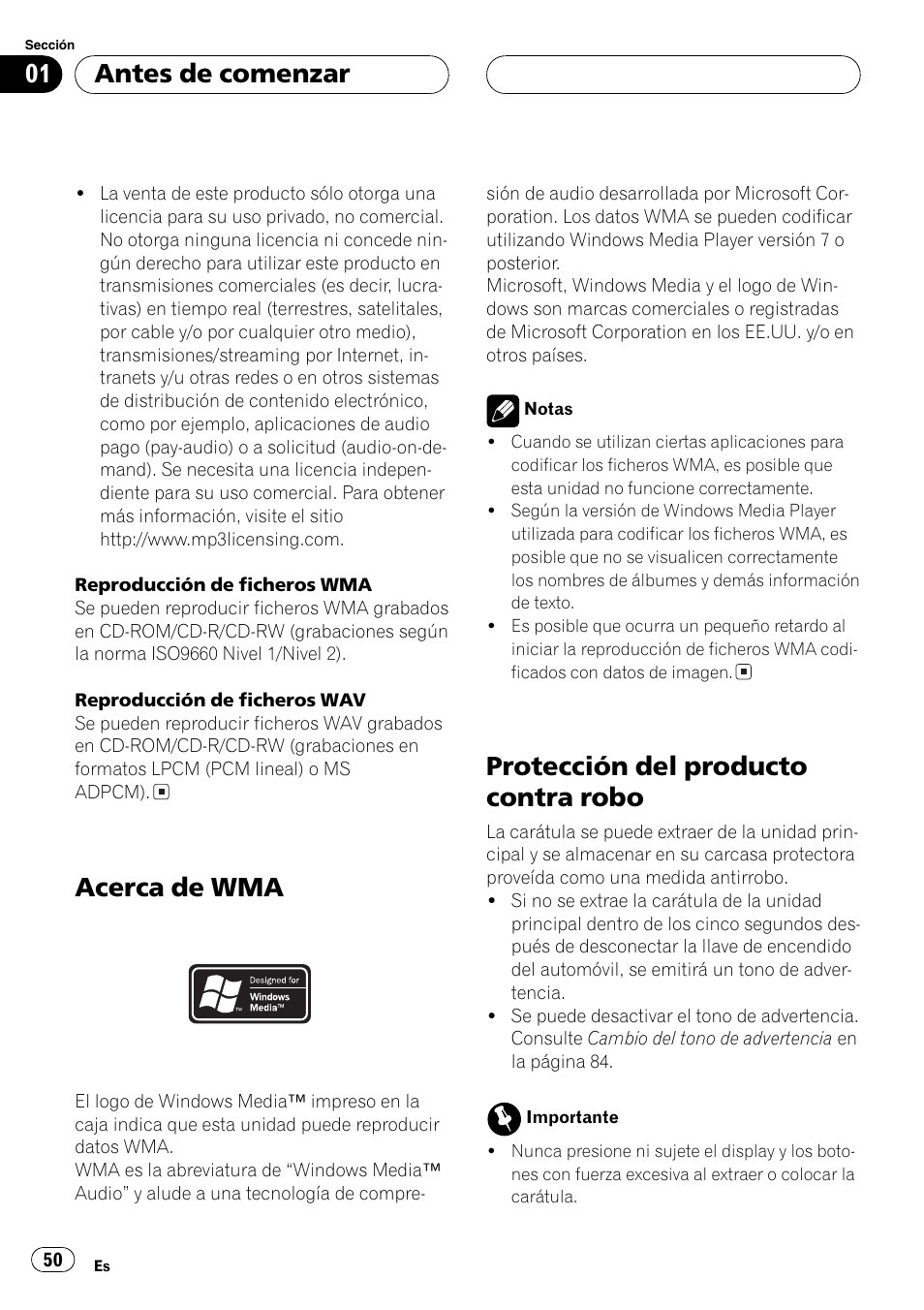 Acerca de wma 50, Protección del producto contra robo 50, Acerca de wma | Protección del producto contra robo, Antes de comenzar | Pioneer DEH-P5700MP User Manual | Page 50 / 94