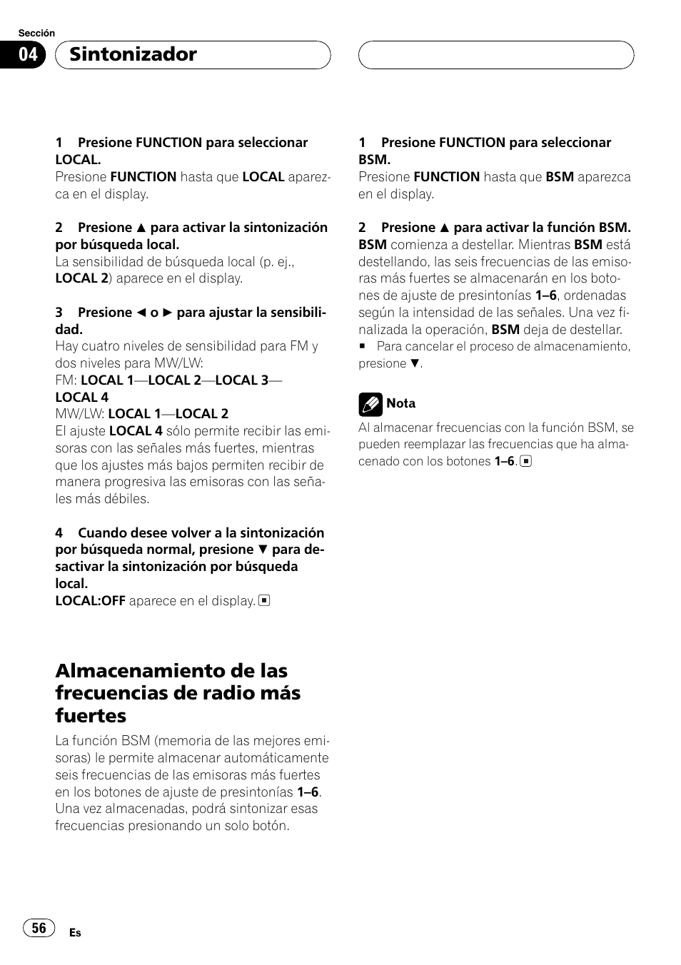 Almacenamiento de las frecuencias de radio, Más fuertes 56, Sintonizador | Pioneer DEH-P5700MP User Manual | Page 56 / 94