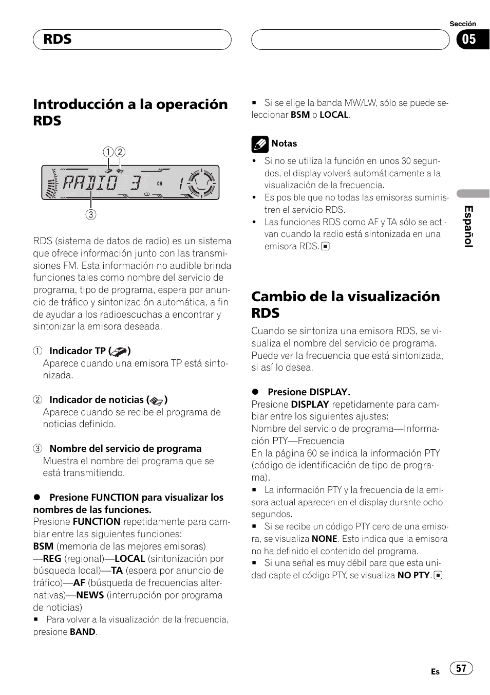 Introducción a la operación rds 57, Cambio de la visualización rds 57, Introducción a la operación rds | Cambio de la visualización rds | Pioneer DEH-P5700MP User Manual | Page 57 / 94
