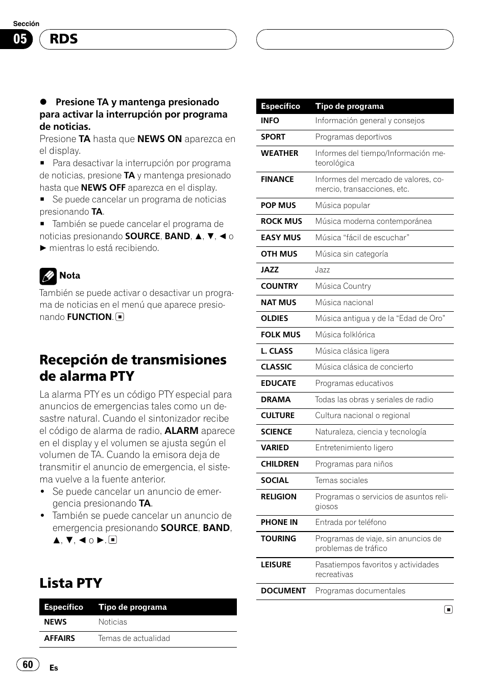 Recepción de transmisiones de alarma, Pty 60, Lista pty 60 | Recepción de transmisiones de alarma pty, Lista pty | Pioneer DEH-P5700MP User Manual | Page 60 / 94