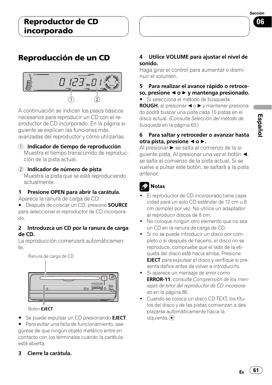 Reproductor de cd incorporado, Reproducción de un cd 61, Reproducción de un cd | Pioneer DEH-P5700MP User Manual | Page 61 / 94