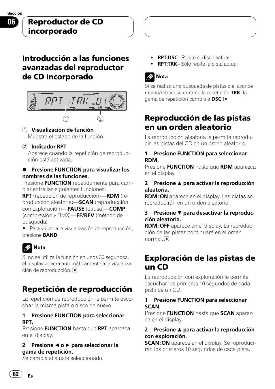 Introducción a las funciones avanzadas del, Reproductor de cd incorporado 62, Repetición de reproducción 62 | Reproducción de las pistas en un orden, Aleatorio 62, Exploración de las pistas de un cd 62, Guiente, Repetición de reproducción, Reproducción de las pistas en un orden aleatorio, Exploración de las pistas de un cd | Pioneer DEH-P5700MP User Manual | Page 62 / 94