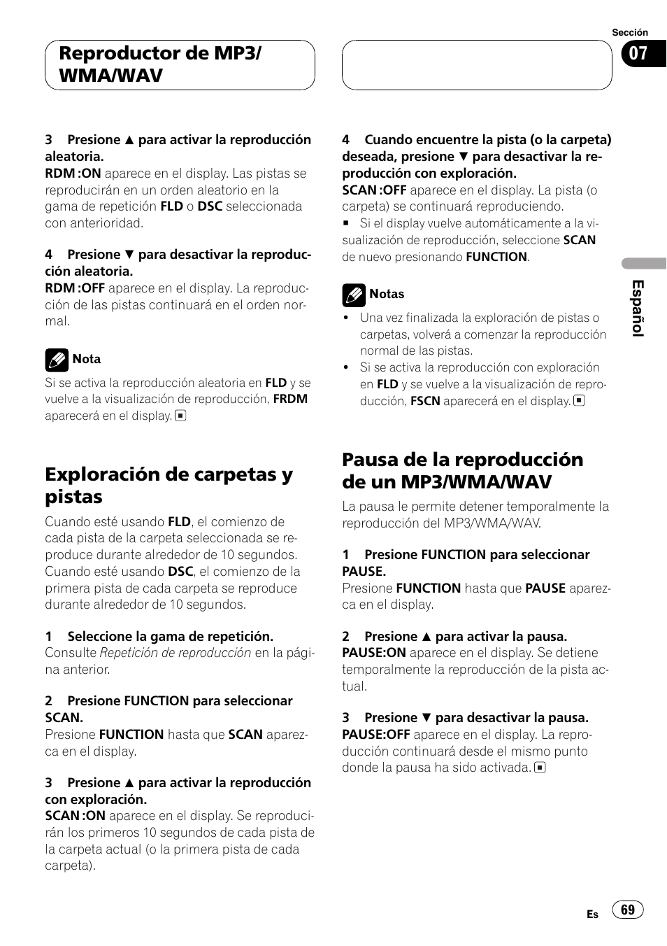 Exploración de carpetas y pistas 69, Pausa de la reproducción de un mp3/wma, Wav 69 | Exploración de carpetas y pistas, Pausa de la reproducción de un mp3/wma/wav, Reproductor de mp3/ wma/wav | Pioneer DEH-P5700MP User Manual | Page 69 / 94