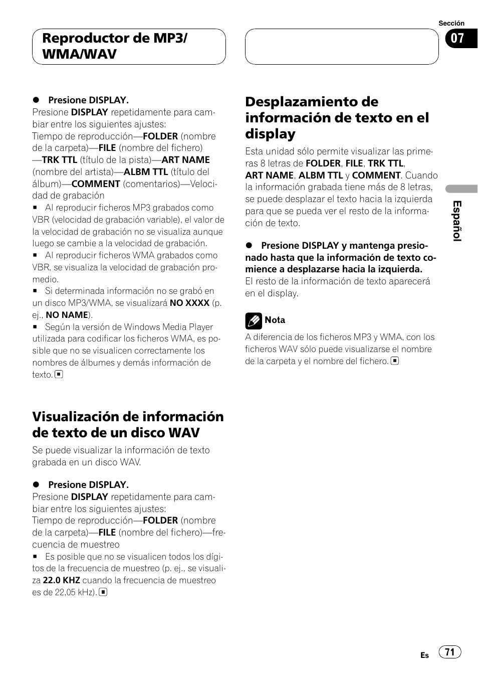 Visualización de información de texto de un, Disco wav 71, Desplazamiento de información de texto en | El display 71, Reproductor de mp3/ wma/wav | Pioneer DEH-P5700MP User Manual | Page 71 / 94