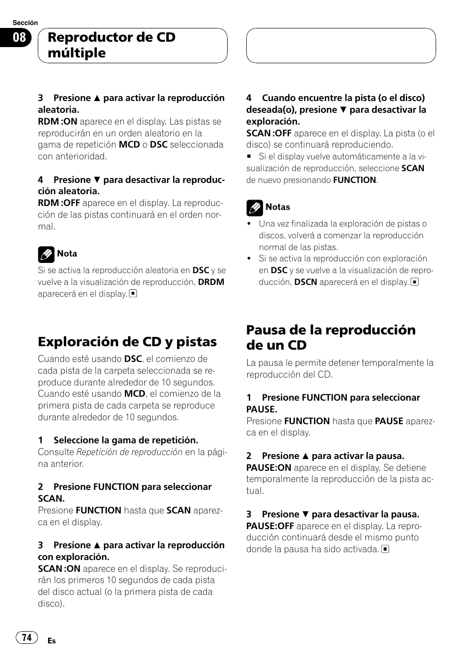 Exploración de cd y pistas 74, Pausa de la reproducción de un cd 74, Exploración de cd y pistas | Pausa de la reproducción de un cd, Reproductor de cd múltiple | Pioneer DEH-P5700MP User Manual | Page 74 / 94