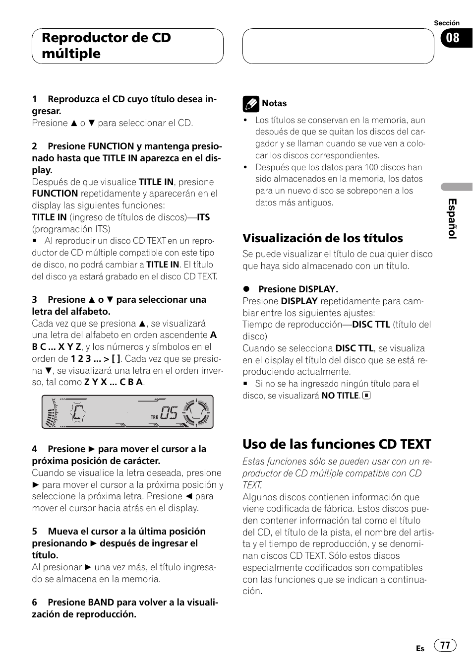 Visualización de los títulos 77, Uso de las funciones cd text 77, Uso de las funciones cd text | Reproductor de cd múltiple, Visualización de los títulos | Pioneer DEH-P5700MP User Manual | Page 77 / 94