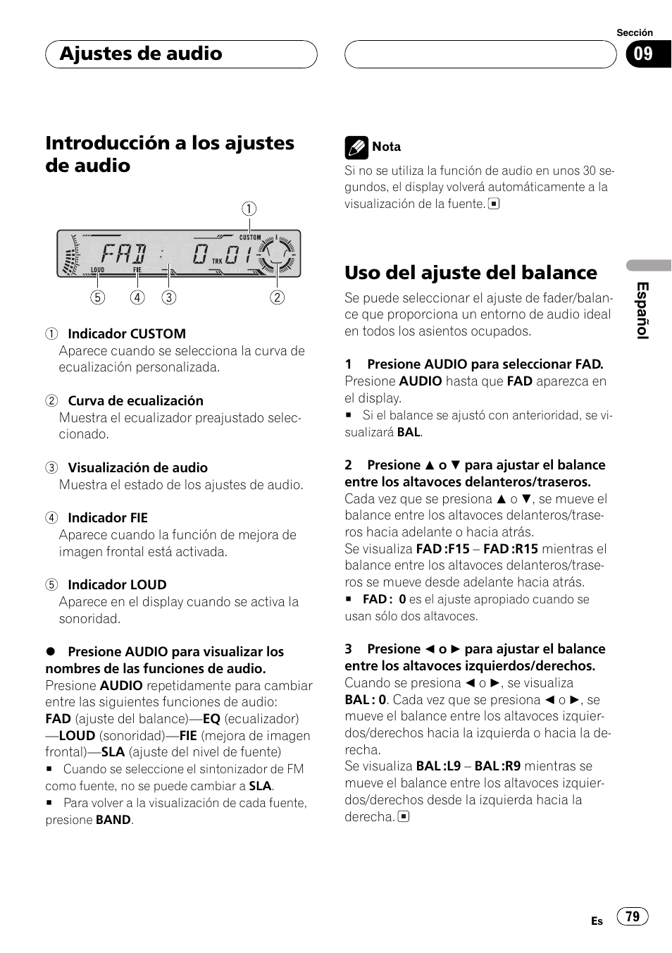 Ajustes de audio, Introducción a los ajustes de audio 79, Uso del ajuste del balance 79 | Introducción a los ajustes de audio, Uso del ajuste del balance | Pioneer DEH-P5700MP User Manual | Page 79 / 94