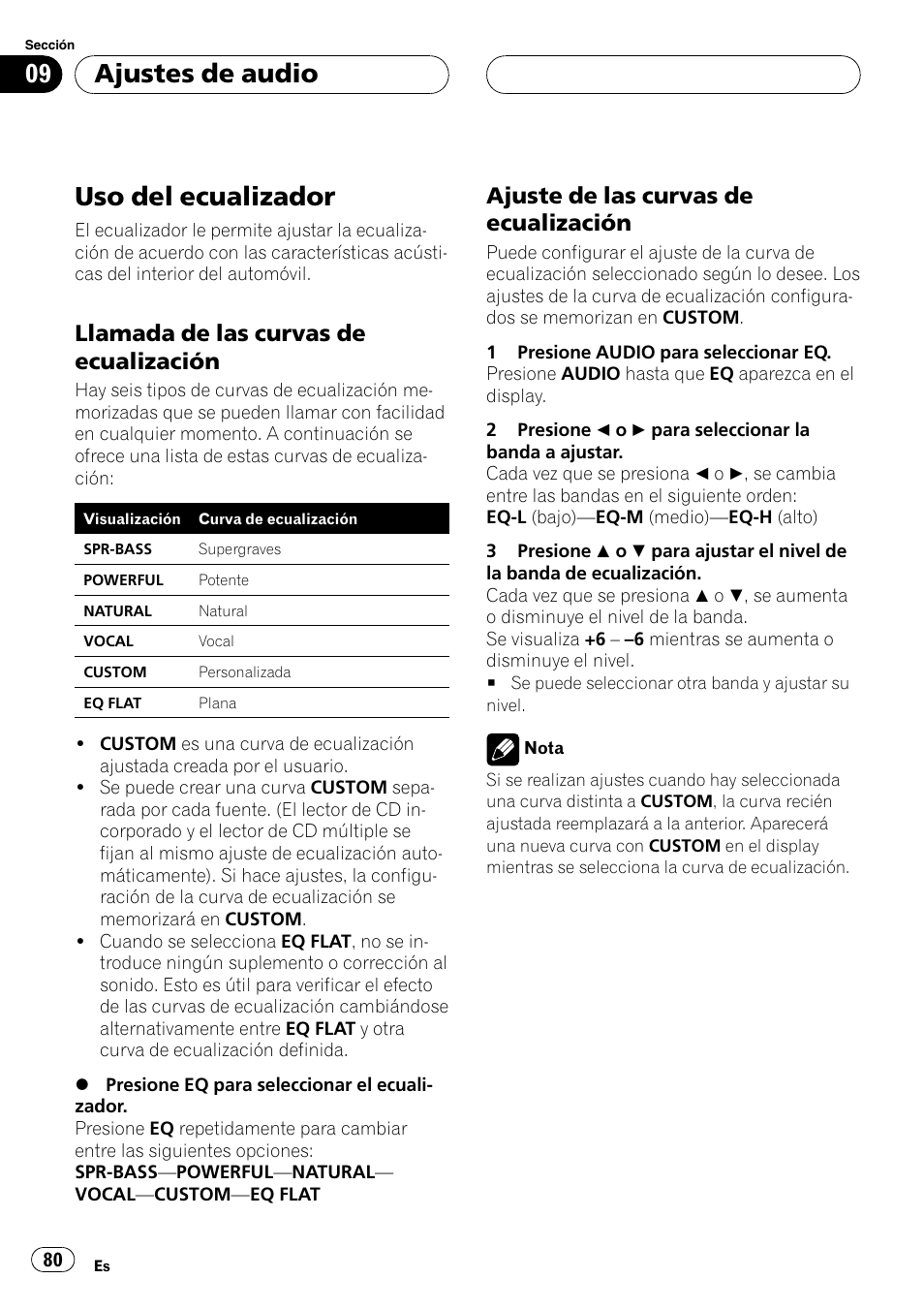 Uso del ecualizador 80, Llamada de las curvas de, Ecualización 80 | Ajuste de las curvas de, Uso del ecualizador, Ajustes de audio, Llamada de las curvas de ecualización, Ajuste de las curvas de ecualización | Pioneer DEH-P5700MP User Manual | Page 80 / 94