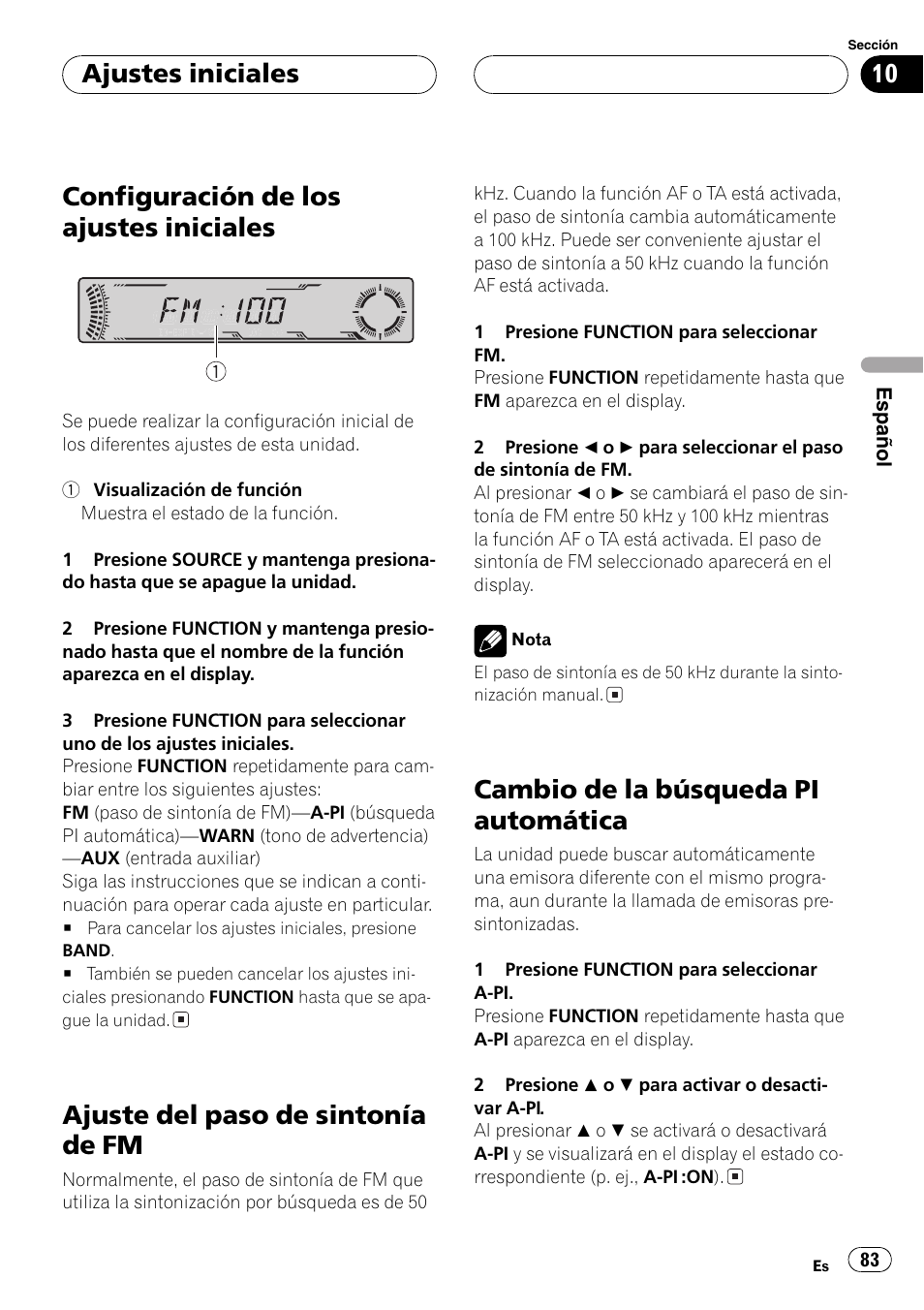 Ajustes iniciales, Configuración de los ajustes iniciales 83, Ajuste del paso de sintonía de fm 83 | Cambio de la búsqueda pi automática 83, Configuración de los ajustes iniciales, Ajuste del paso de sintonía de fm, Cambio de la búsqueda pi automática | Pioneer DEH-P5700MP User Manual | Page 83 / 94