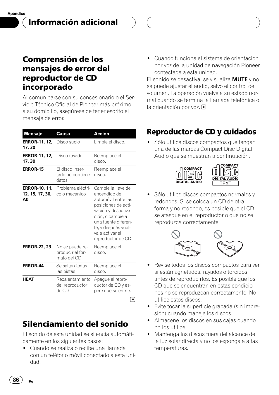 Información adicional, Comprensión de los mensajes de error del, Reproductor de cd incorporado 86 | Silenciamiento del sonido 86, Reproductor de cd y cuidados 86, Comprensión de los men, Sajes de error del reproductor de cdincorpora, Silenciamiento del sonido, Reproductor de cd y cuidados | Pioneer DEH-P5700MP User Manual | Page 86 / 94