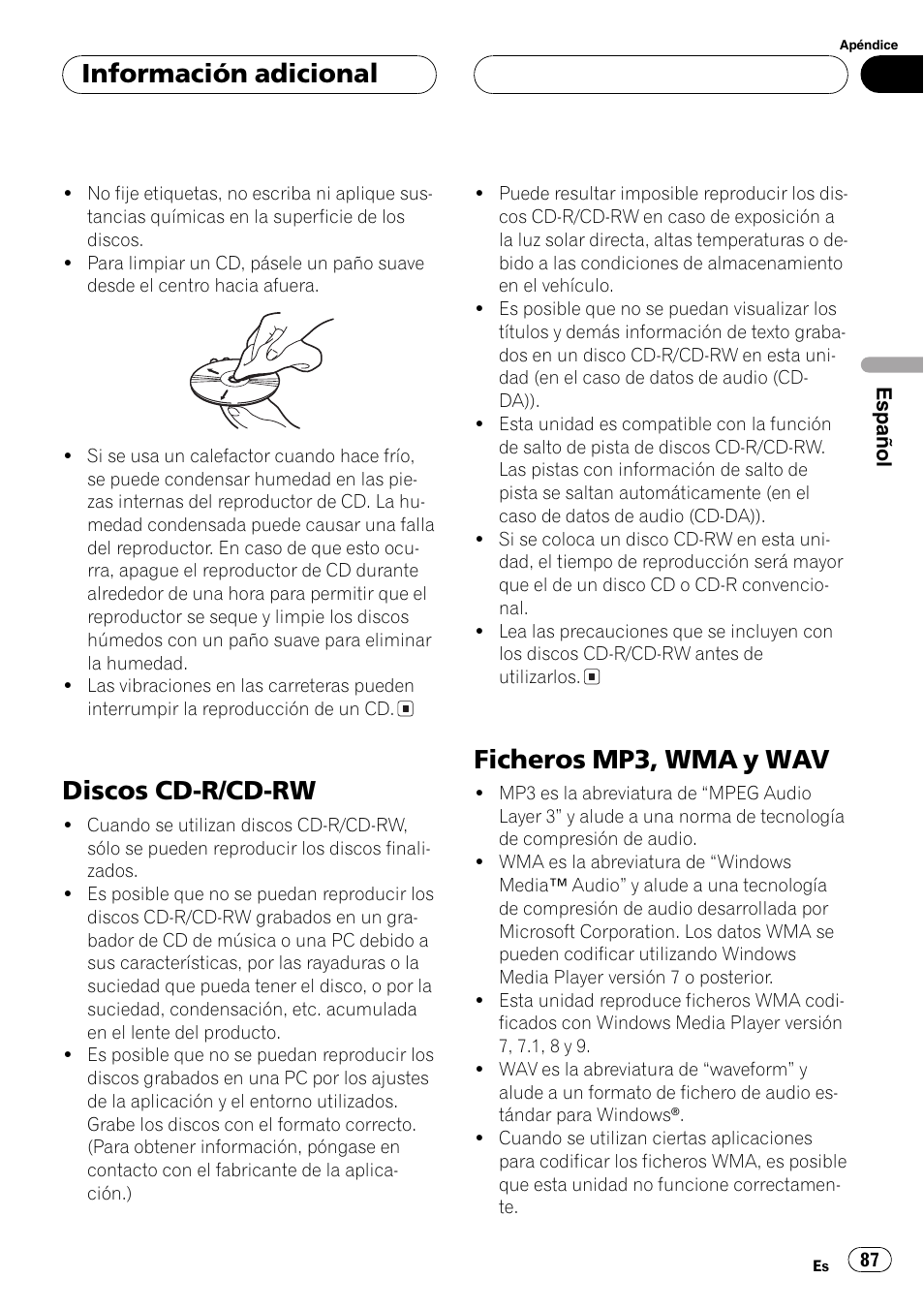Discos cd-r/cd-rw 87, Ficheros mp3, wma y wav 87, Discos cd-r/cd-rw | Ficheros mp3, wma y wav, Información adicional | Pioneer DEH-P5700MP User Manual | Page 87 / 94