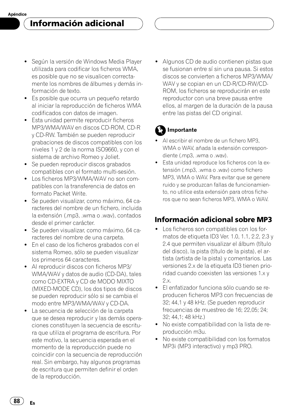 Información adicional sobre mp3 88, Información adicional, Información adicional sobre mp3 | Pioneer DEH-P5700MP User Manual | Page 88 / 94