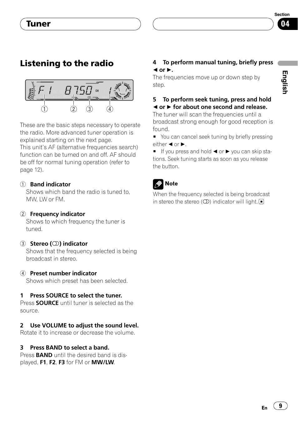 Tuner listening to the radio 9, Listeningto the radio, Tuner | Pioneer DEH-P5700MP User Manual | Page 9 / 94