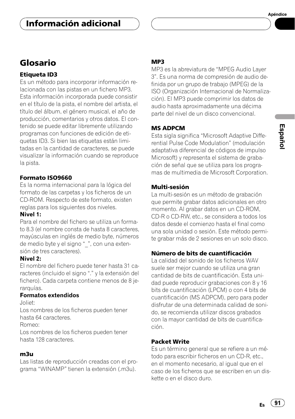 Glosario 91, Glosario, Información adicional | Pioneer DEH-P5700MP User Manual | Page 91 / 94
