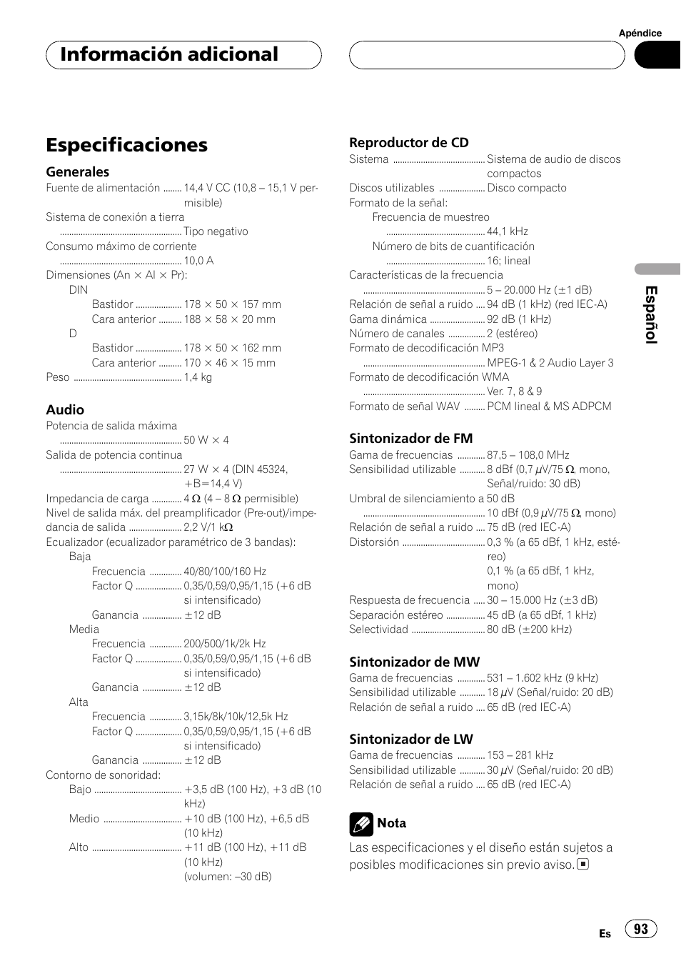 Especificaciones 93, Especificaciones, Información adicional | Español | Pioneer DEH-P5700MP User Manual | Page 93 / 94