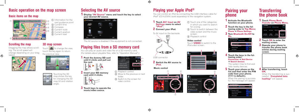 Pairing your phone, Transferring the phone book, Basic operation on the map screen | Playing your apple ipod, Selecting the av source, Basic items on the map, Scrolling the map, 3d map screen | Pioneer AVIC F900BT User Manual | Page 2 / 2