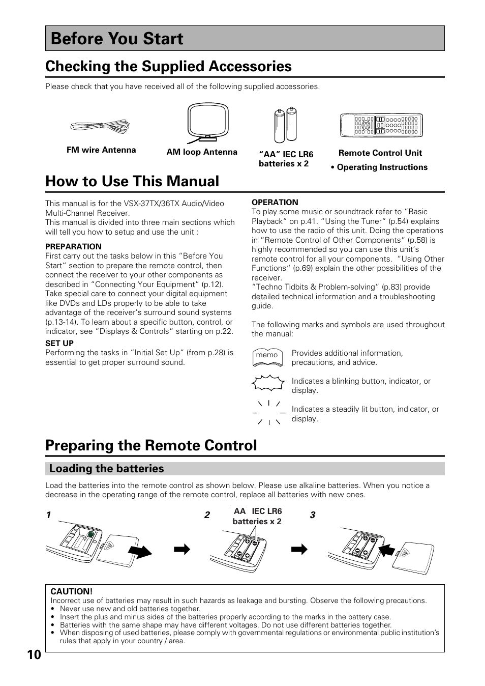Before you start, Checking the supplied accessories, Preparing the remote control | How to use this manual | Pioneer VSX-37TX User Manual | Page 10 / 92