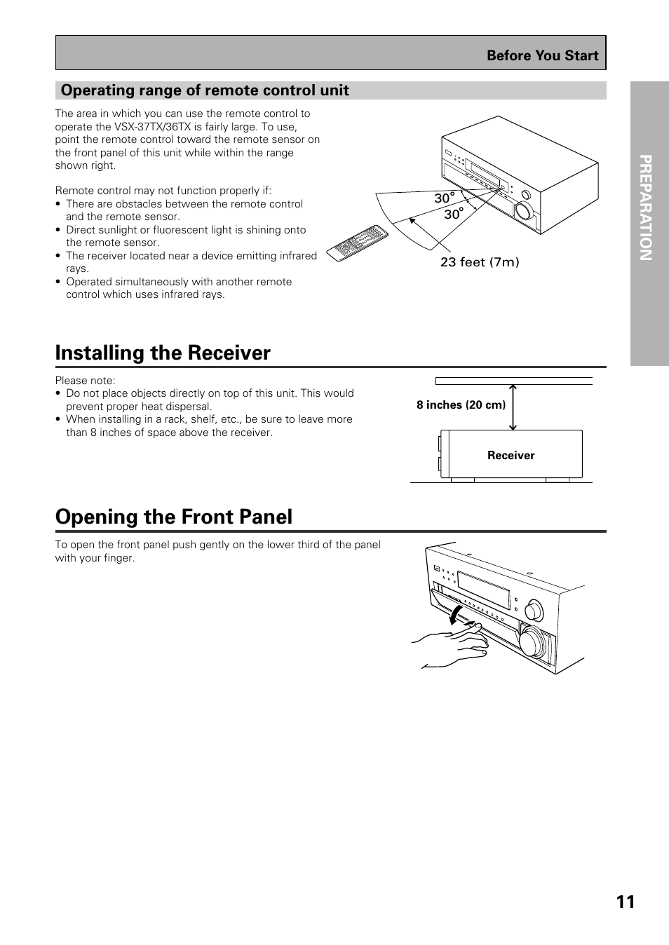Installing the receiver opening the front panel, Installing the receiver, Opening the front panel | Pioneer VSX-37TX User Manual | Page 11 / 92