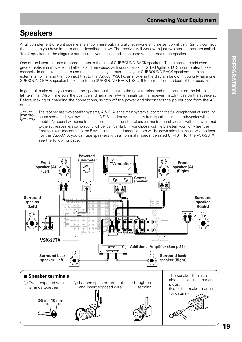 Speakers, Prep ara tion, Connecting your equipment | 7 speaker terminals, 3/8 in. (10 mm), Vsx-37tx, Additional amplifier (see p.21) | Pioneer VSX-37TX User Manual | Page 19 / 92