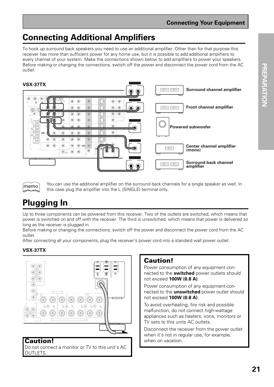 Connecting additional amplifiers plugging in, Connecting additional amplifiers, Plugging in | Prep ara tion, Caution, Connecting your equipment | Pioneer VSX-37TX User Manual | Page 21 / 92