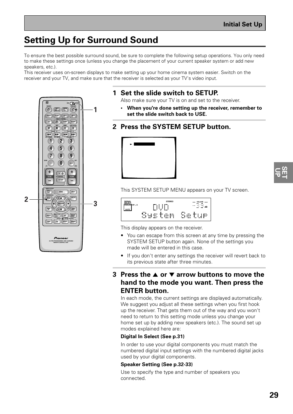 Setting up for surround sound, Set up, 1 set the slide switch to setup | 2 press the system setup button, Initial set up, This system setup menu appears on your tv screen, System setup | Pioneer VSX-37TX User Manual | Page 29 / 92
