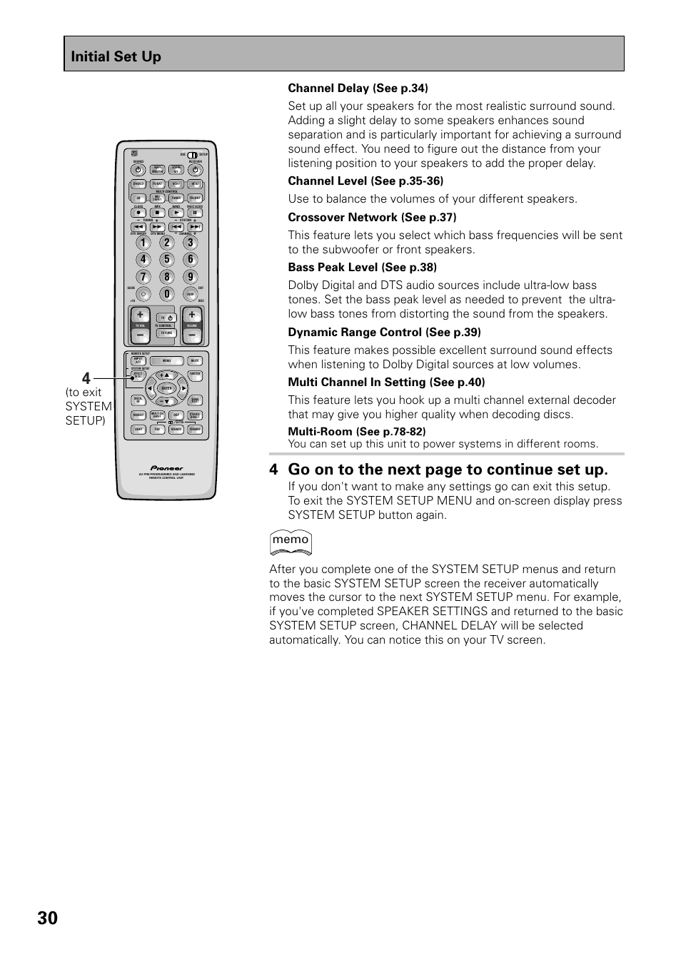 4 go on to the next page to continue set up, Initial set up | Pioneer VSX-37TX User Manual | Page 30 / 92