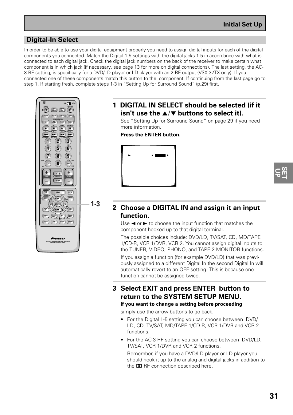 Digital-in select, Initial set up | Pioneer VSX-37TX User Manual | Page 31 / 92