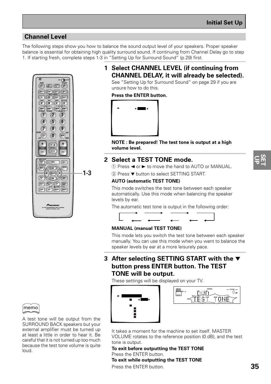 Set up channel level, 2 select a test tone mode, Initial set up | Fl ct fr sr sl sw sbl sbr | Pioneer VSX-37TX User Manual | Page 35 / 92