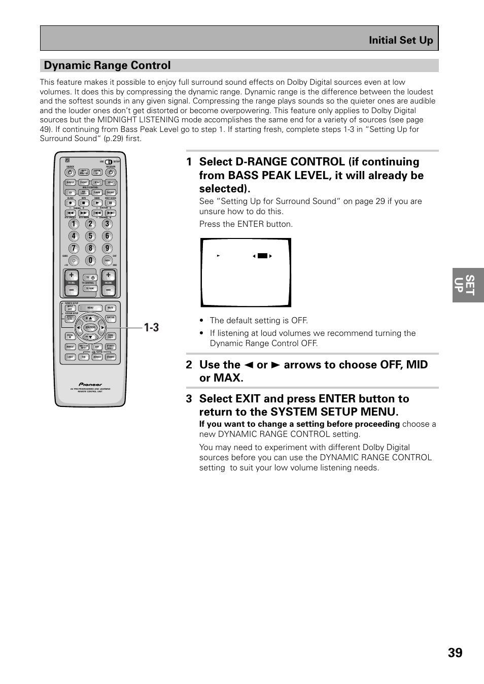 Dynamic range control, Initial set up | Pioneer VSX-37TX User Manual | Page 39 / 92