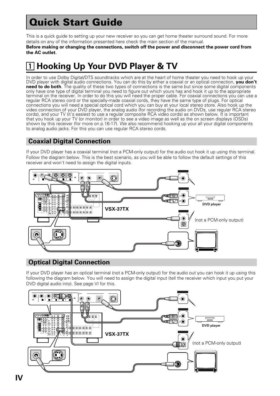 Quick start guide, 11 hooking up your dvd player & tv, Coaxial digital connection | Optical digital connection, Vsx-37tx | Pioneer VSX-37TX User Manual | Page 4 / 92