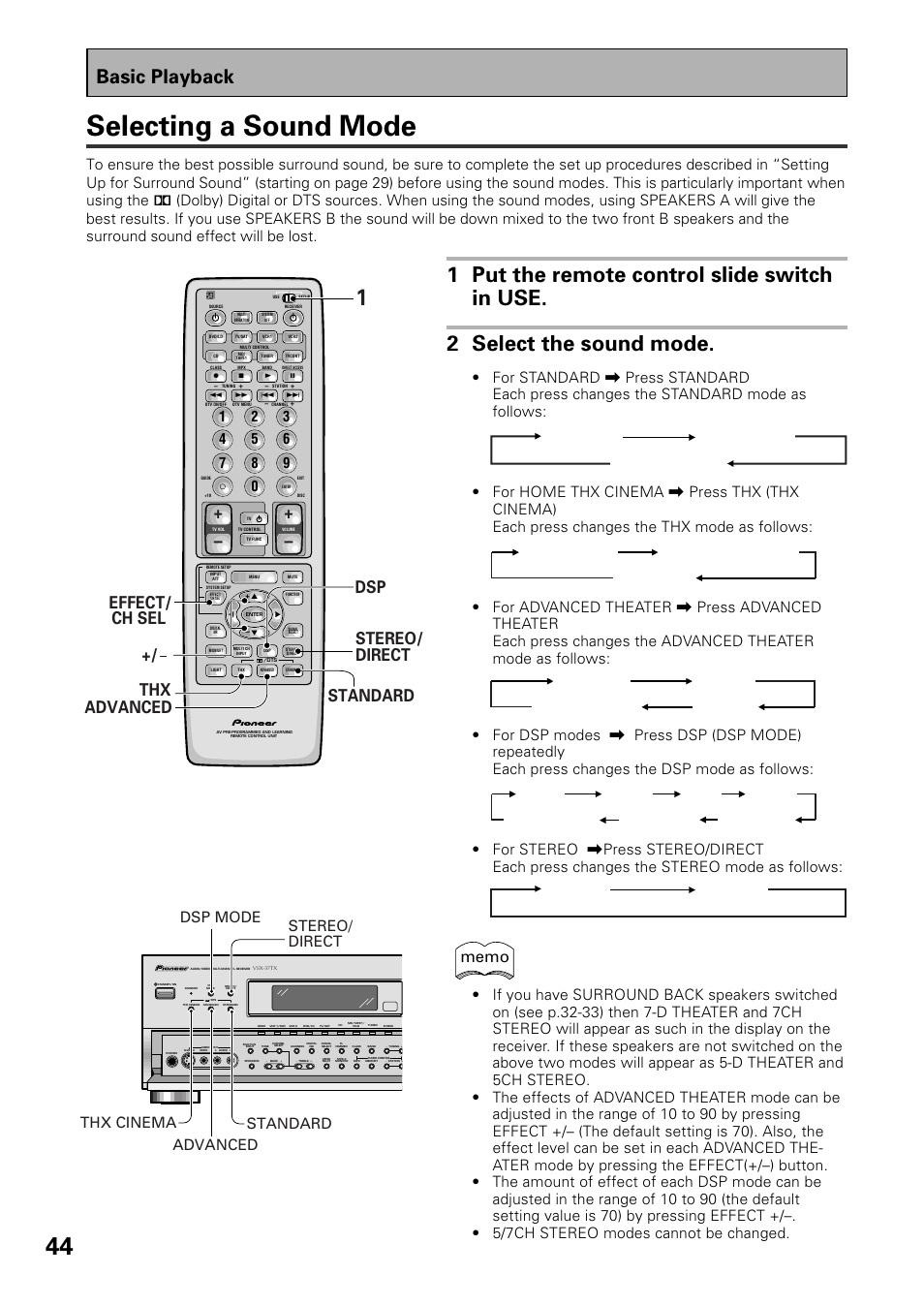 Selecting a sound mode, Basic playback, Ch sel | Standard standard 7.1 standard auto, Thx cinema thx surround ex thx auto, Musical drama action 5/7-d theater, Stereo direct | Pioneer VSX-37TX User Manual | Page 44 / 92
