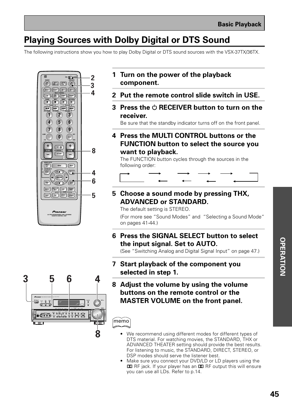 Playing sources with dolby digital or dts sound, Opera tion, Basic playback | Pioneer VSX-37TX User Manual | Page 45 / 92