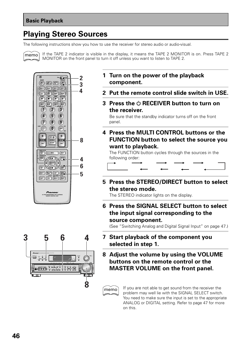 Playing stereo sources, Basic playback, The stereo indicator lights on the display | If you are not | Pioneer VSX-37TX User Manual | Page 46 / 92