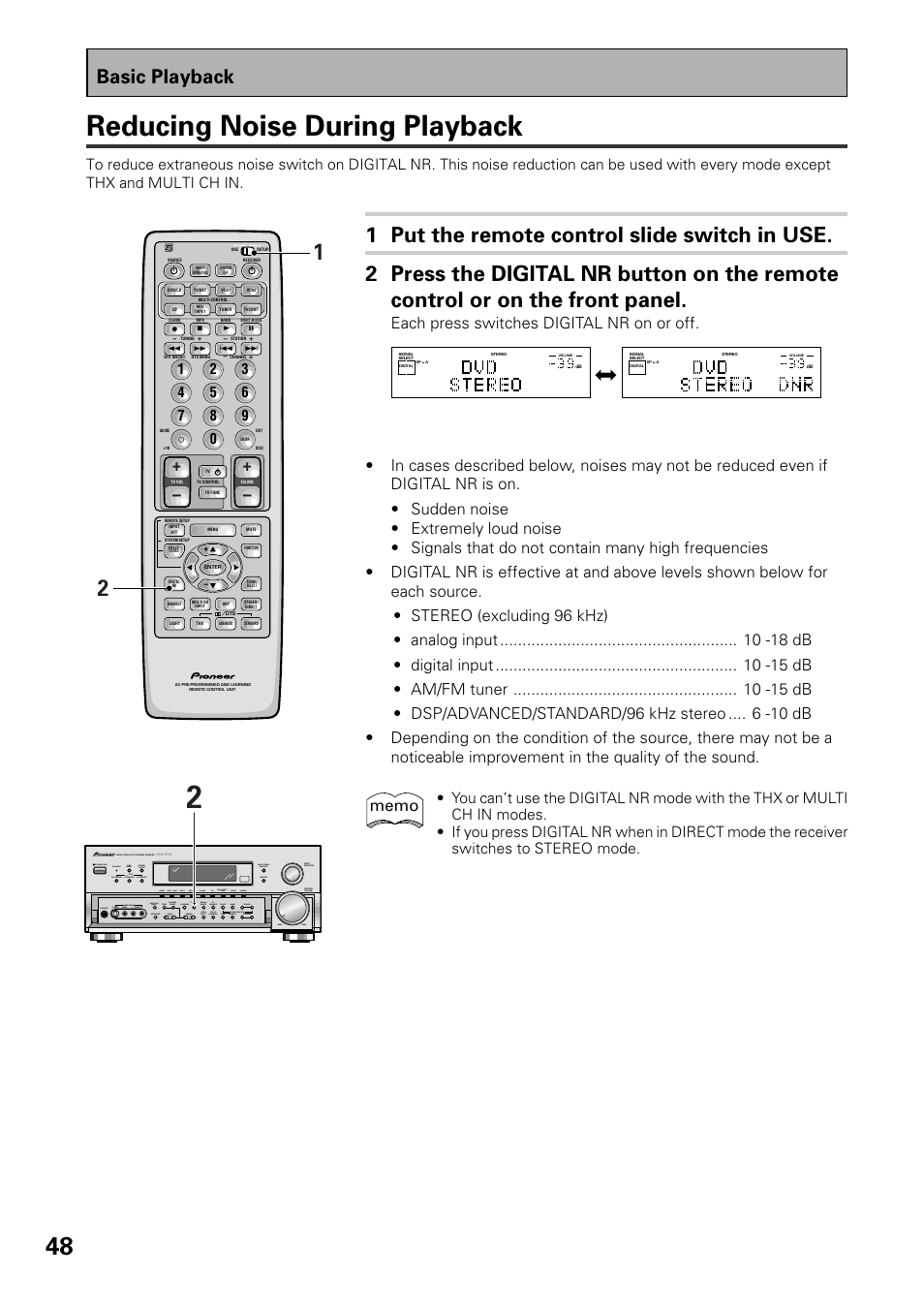 Reducing noise during playback, Basic playback, Each press switches digital nr on or off | Pioneer VSX-37TX User Manual | Page 48 / 92