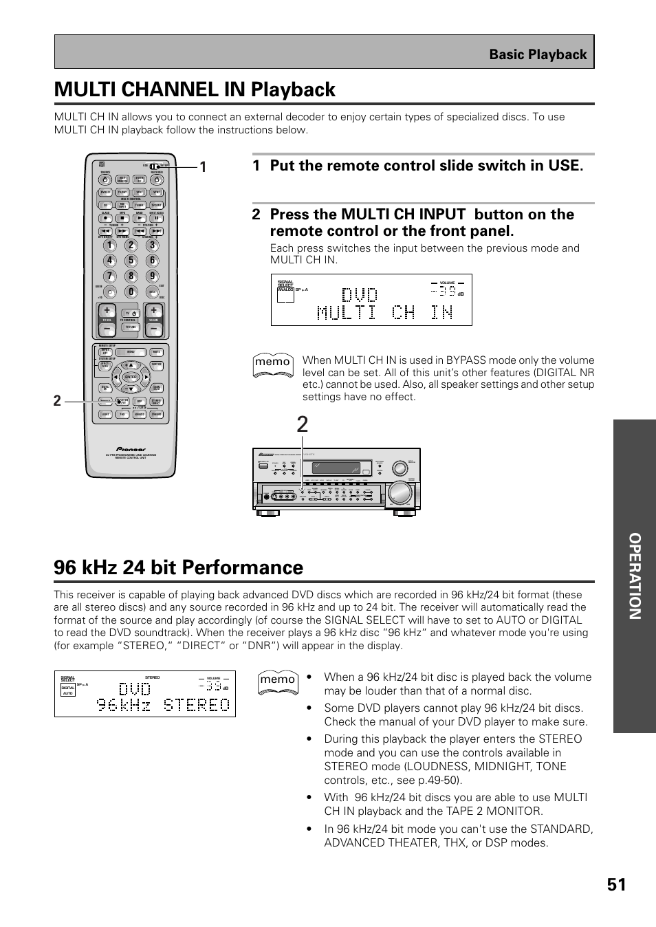 Multi channel in playback 96khz 24bit performance, Multi channel in playback, 96 khz 24 bit performance | Opera tion, Basic playback | Pioneer VSX-37TX User Manual | Page 51 / 92