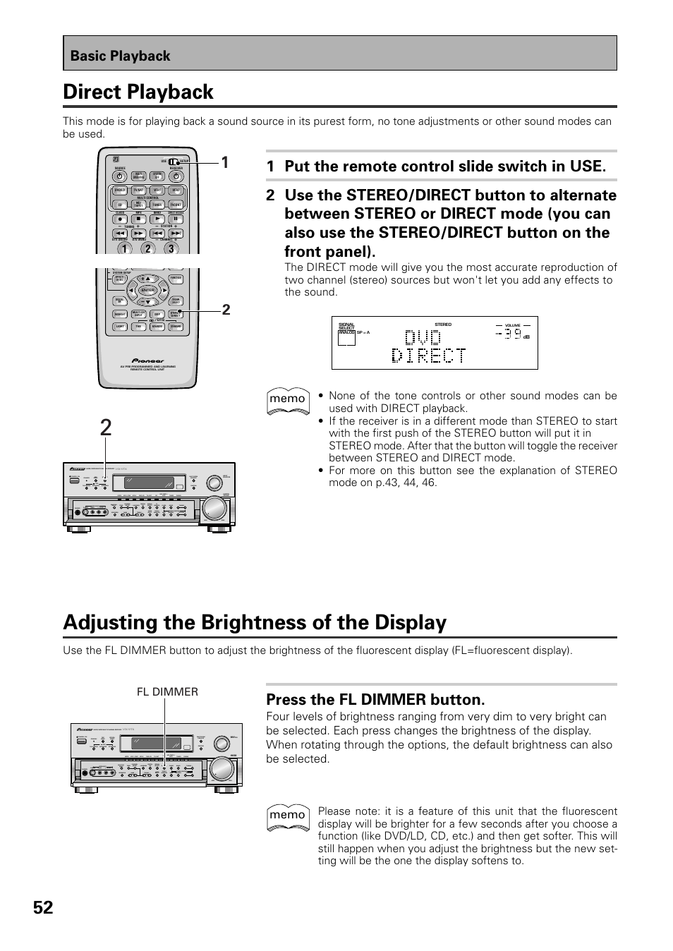 Adjusting the brightness of the display, Direct playback, Press the fl dimmer button | Basic playback, Fl dimmer | Pioneer VSX-37TX User Manual | Page 52 / 92