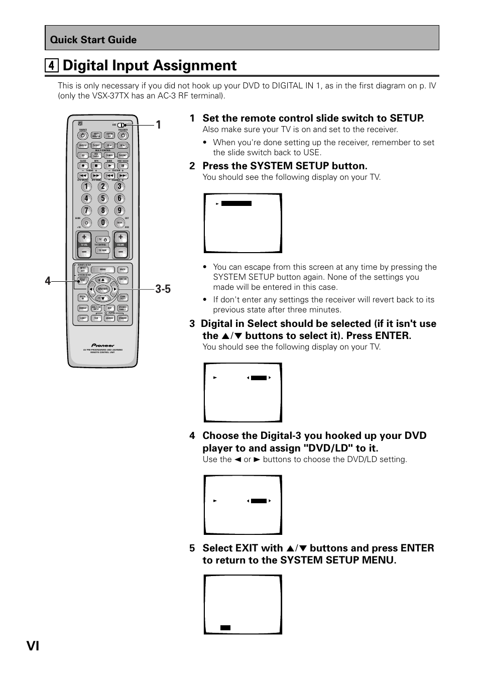 44 digital input assignment, Quick start guide, 1 set the remote control slide switch to setup | 2 press the system setup button, You should see the following display on your tv | Pioneer VSX-37TX User Manual | Page 6 / 92