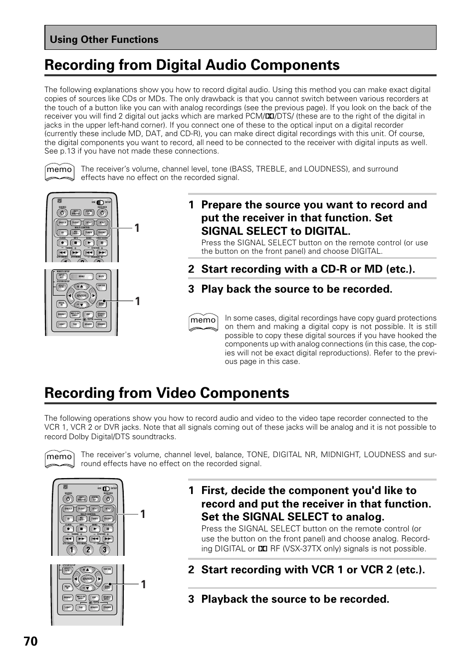 Recording from video components, Recording from digital audio components, Using other functions | Pioneer VSX-37TX User Manual | Page 70 / 92
