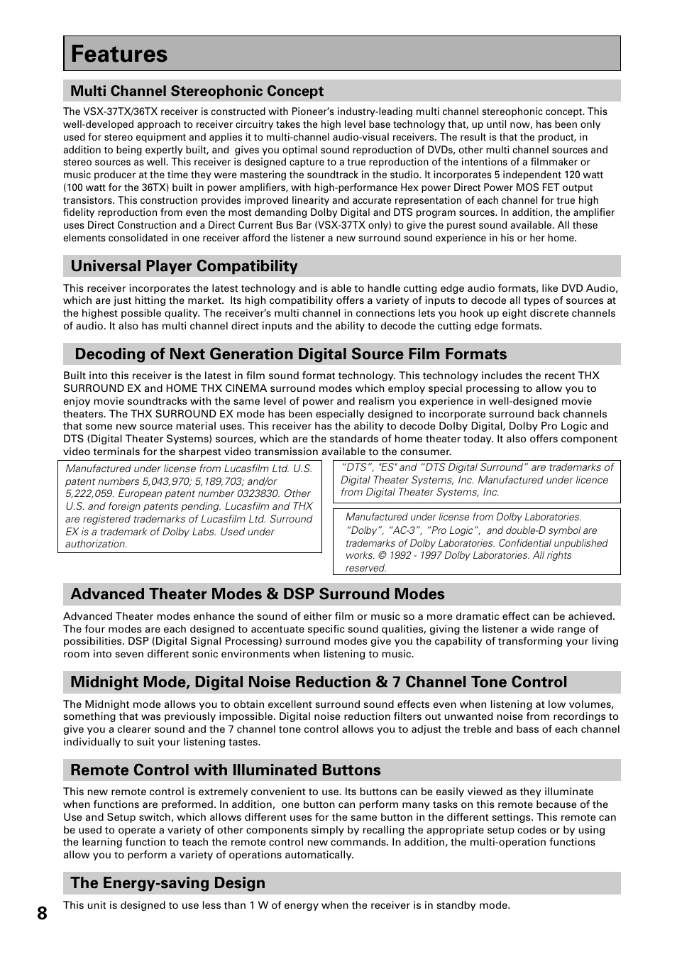Features | Pioneer VSX-37TX User Manual | Page 8 / 92