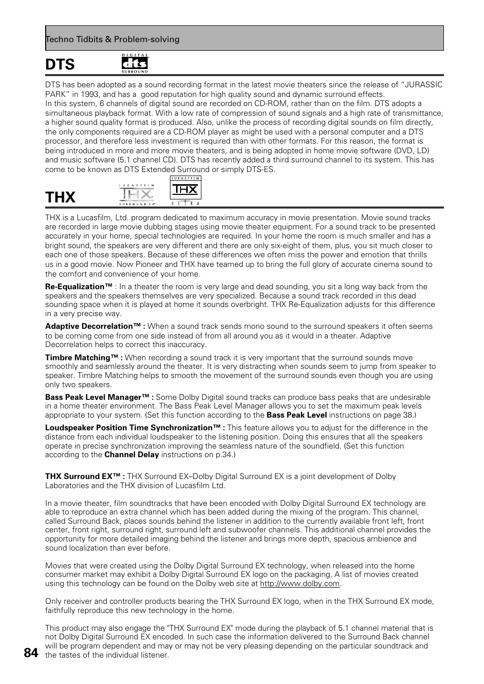 Dts thx, Thx dts | Pioneer VSX-37TX User Manual | Page 84 / 92