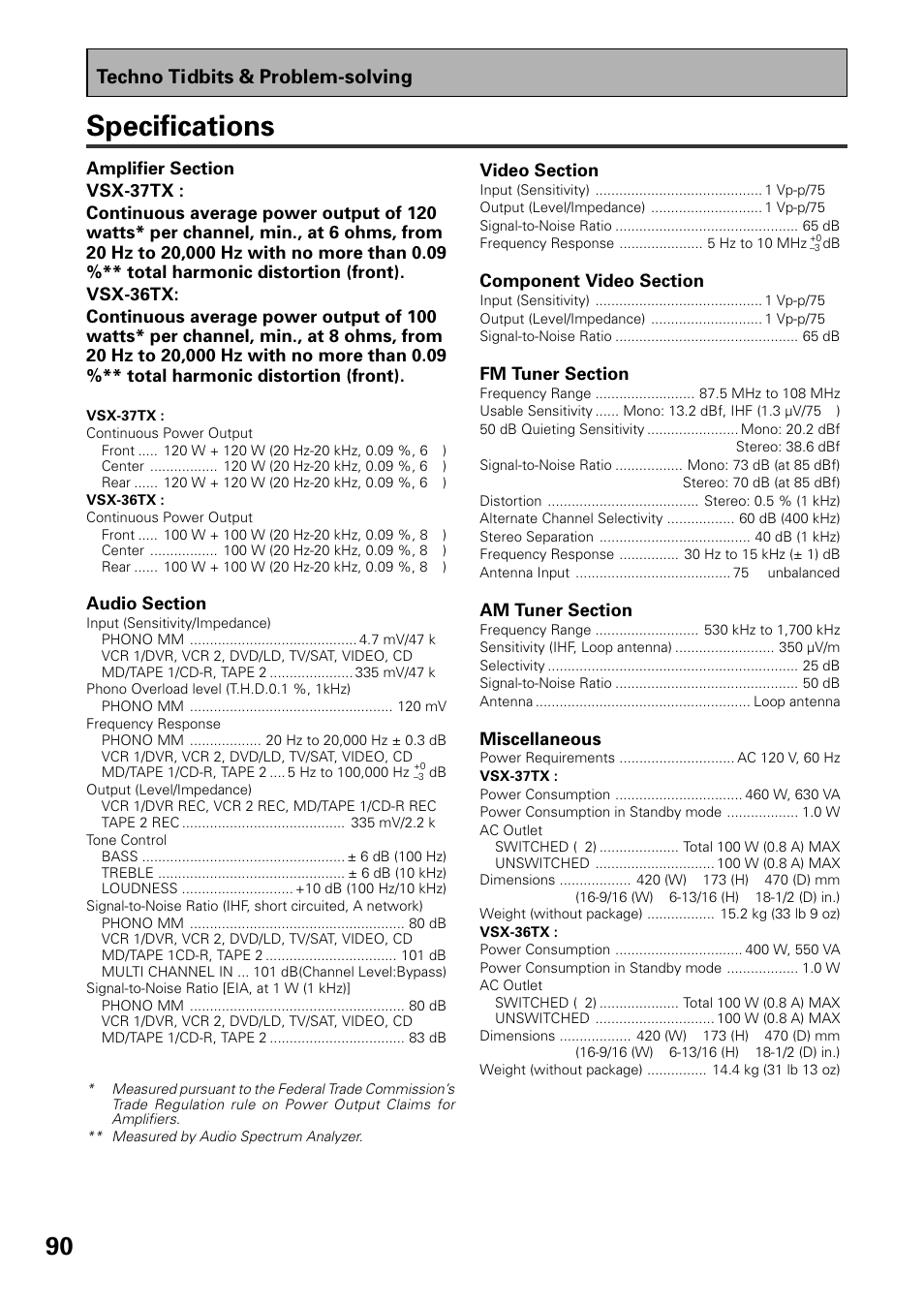 Specifications, Techno tidbits & problem-solving, Miscellaneous | Pioneer VSX-37TX User Manual | Page 90 / 92