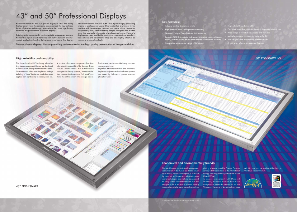 43” and 50” professional displays | Pioneer PDP 50MXE1 User Manual | Page 2 / 8