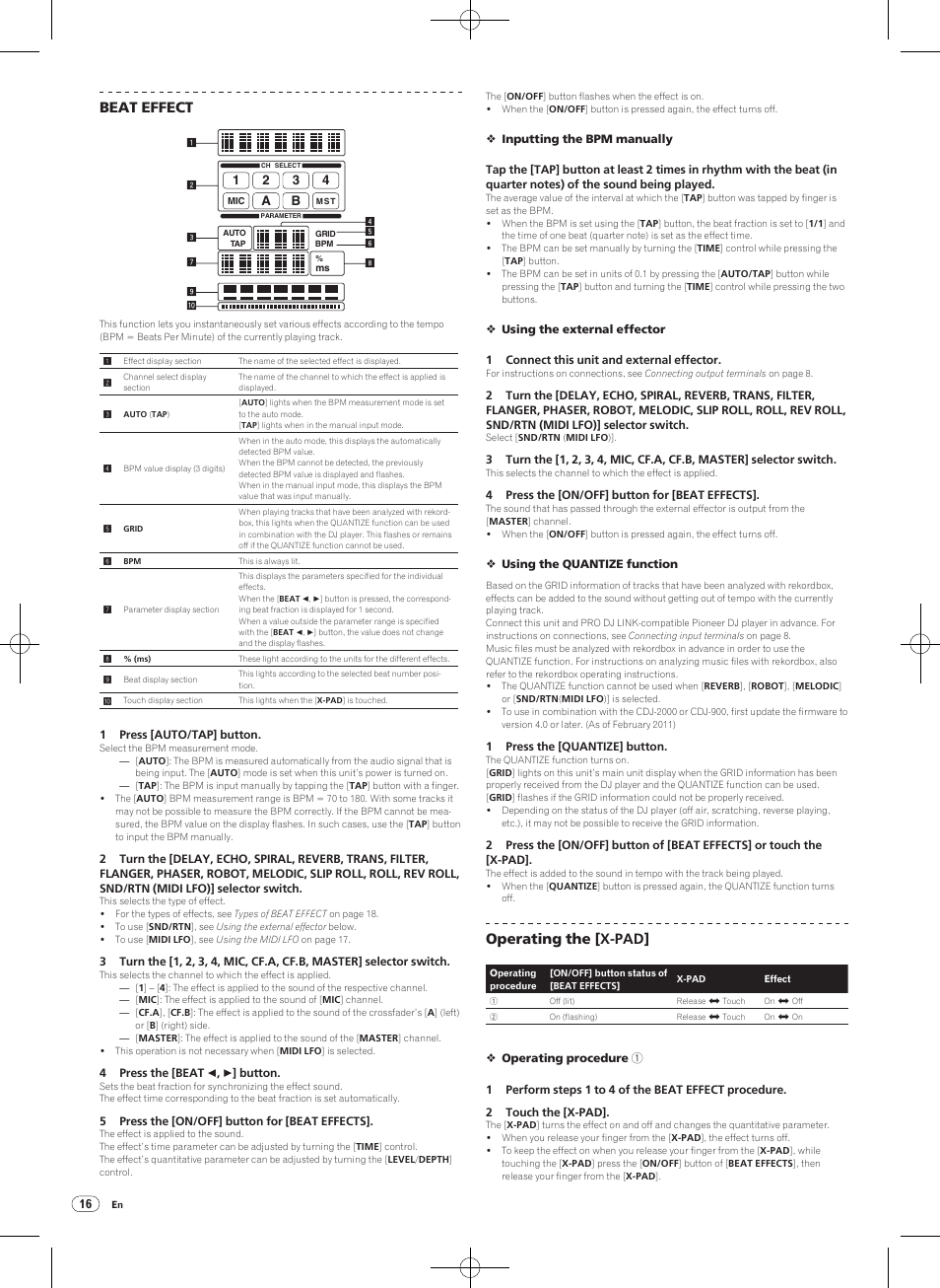 Beat effect, Operating the [x-pad | Pioneer DJM-900NXS-W User Manual | Page 16 / 28