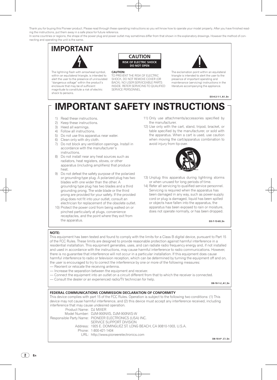 Important, Caution | Pioneer DJM-900NXS-W User Manual | Page 2 / 28