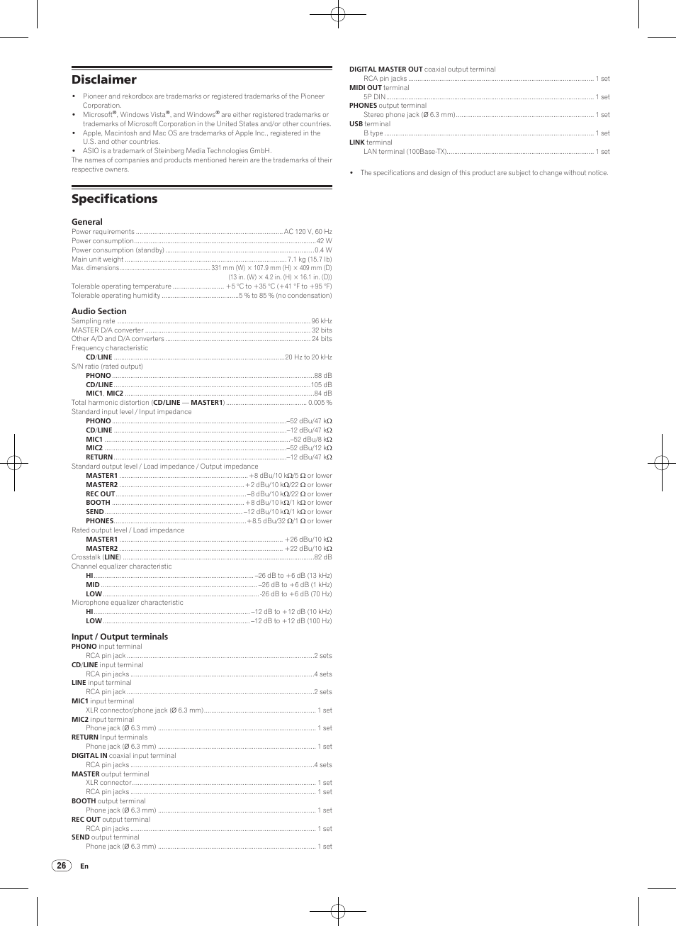 Disclaimer specifications, Disclaimer, Specifications | Pioneer DJM-900NXS-W User Manual | Page 26 / 28