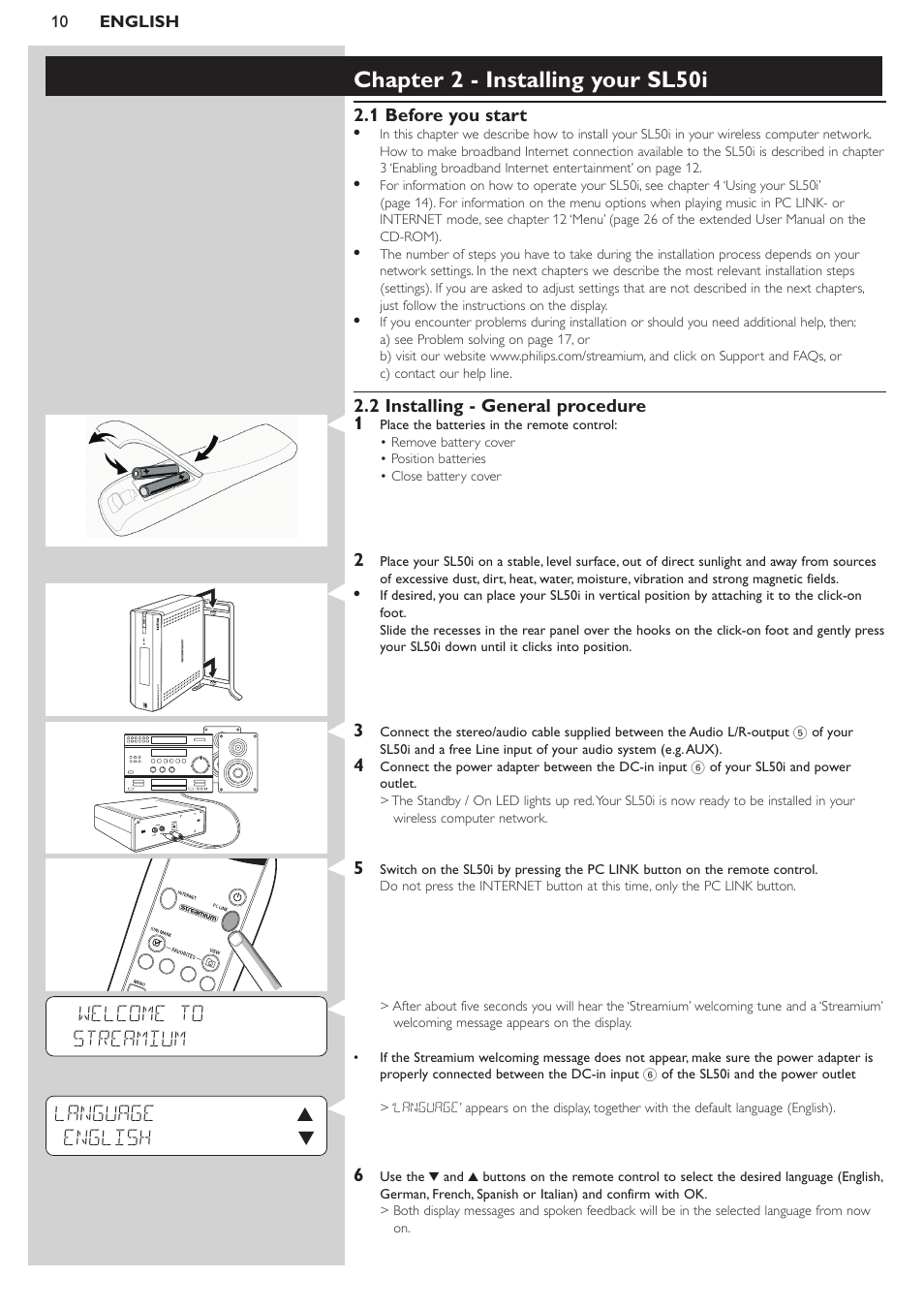 Chapter 2 - installing your sl50i, Welcome to streamium language 3 english 4 | Philips SL50i User Manual | Page 10 / 45